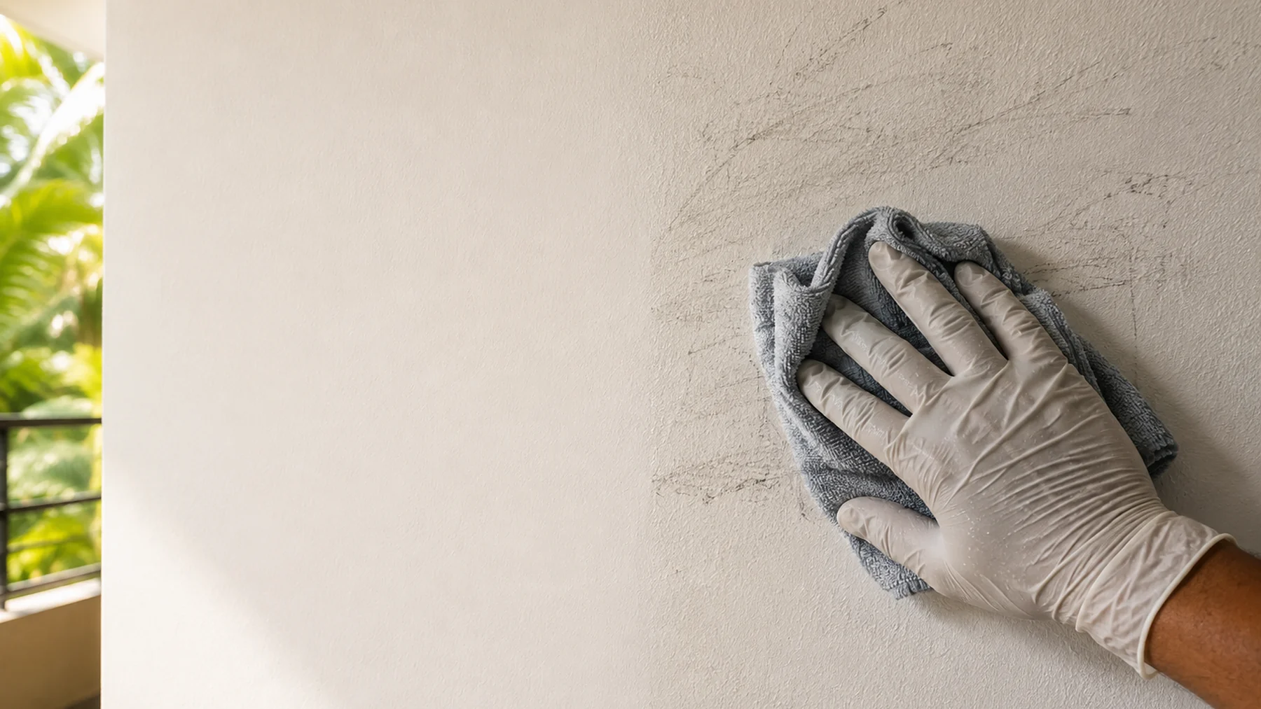 A gloved hand wiping marks off a wall finished in Extra Life