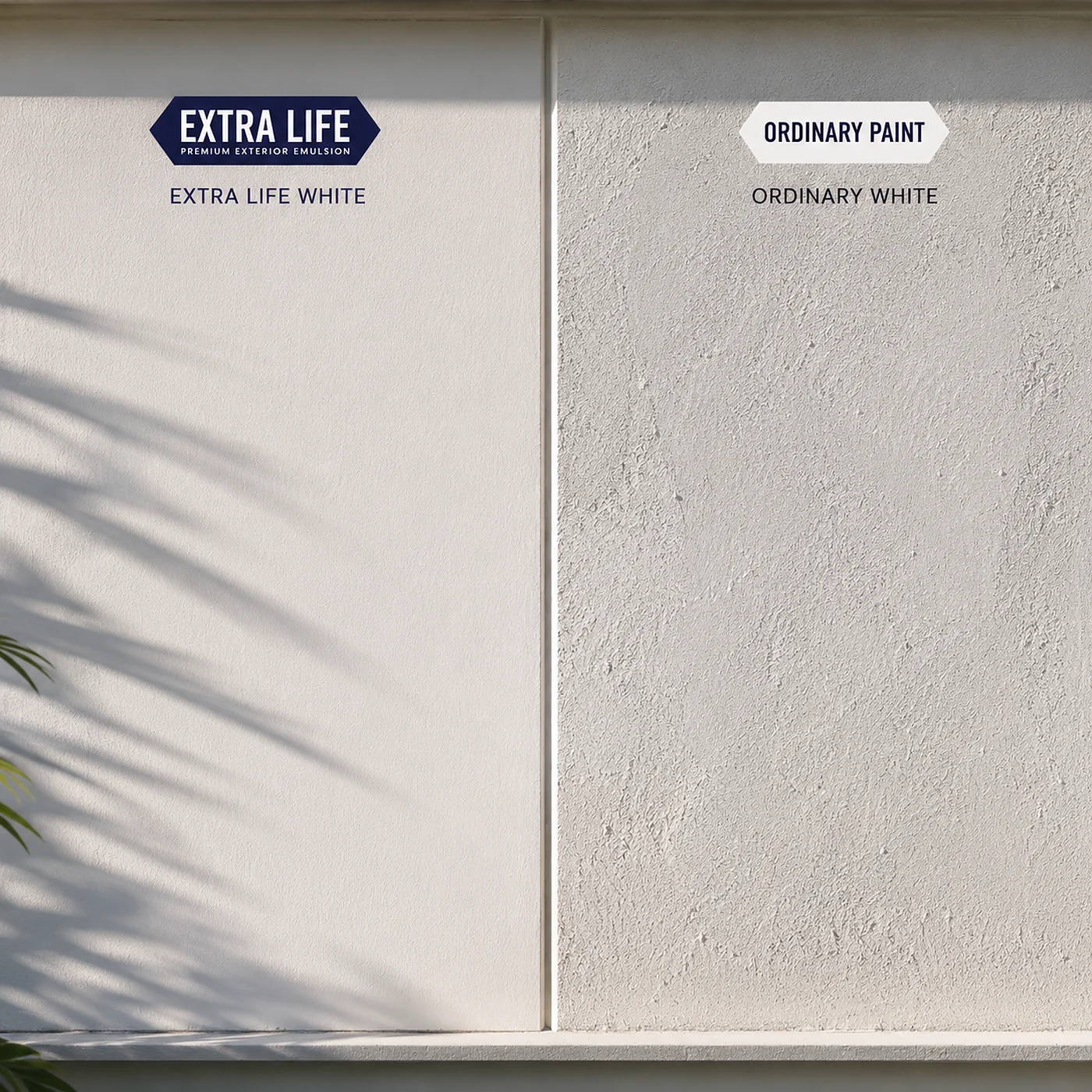 Side-by-side panels comparing Extra Life white with an ordinary white emulsion
