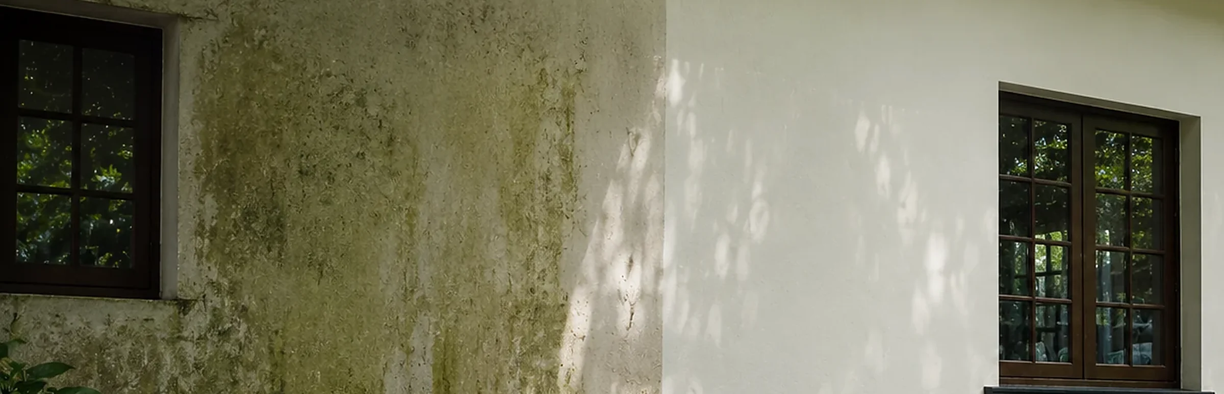 One exterior wall, half covered in algae and half clean
