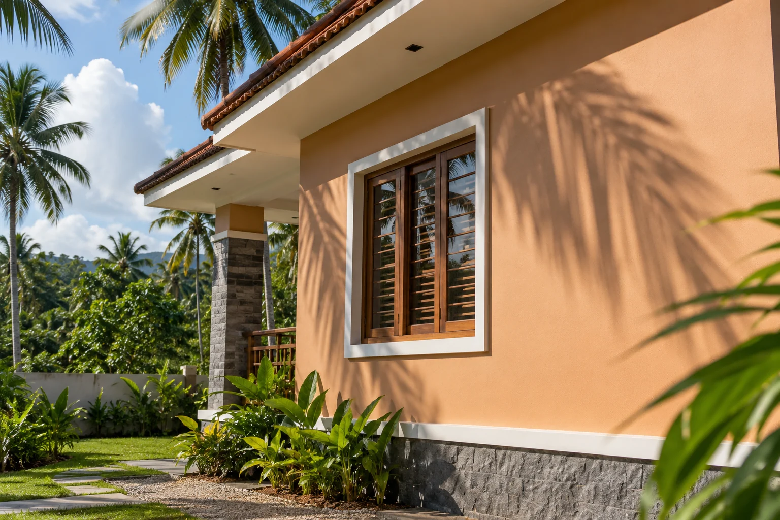 UV protection — strong daylight falling across the finished elevation