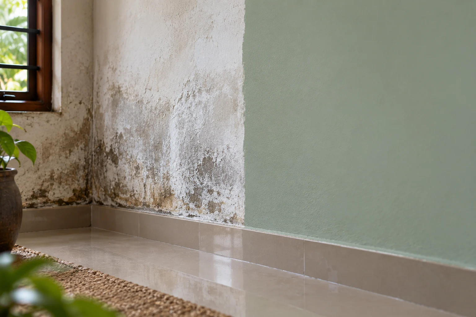 Stops efflorescence &mdash; a damp-stained wall corner beside the same wall treated and clean