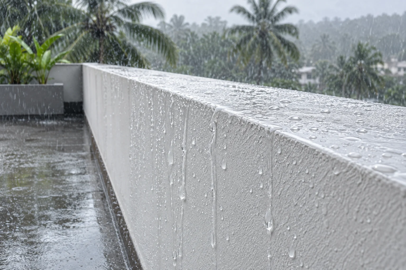 Waterproofing — monsoon rain shedding off a coated parapet