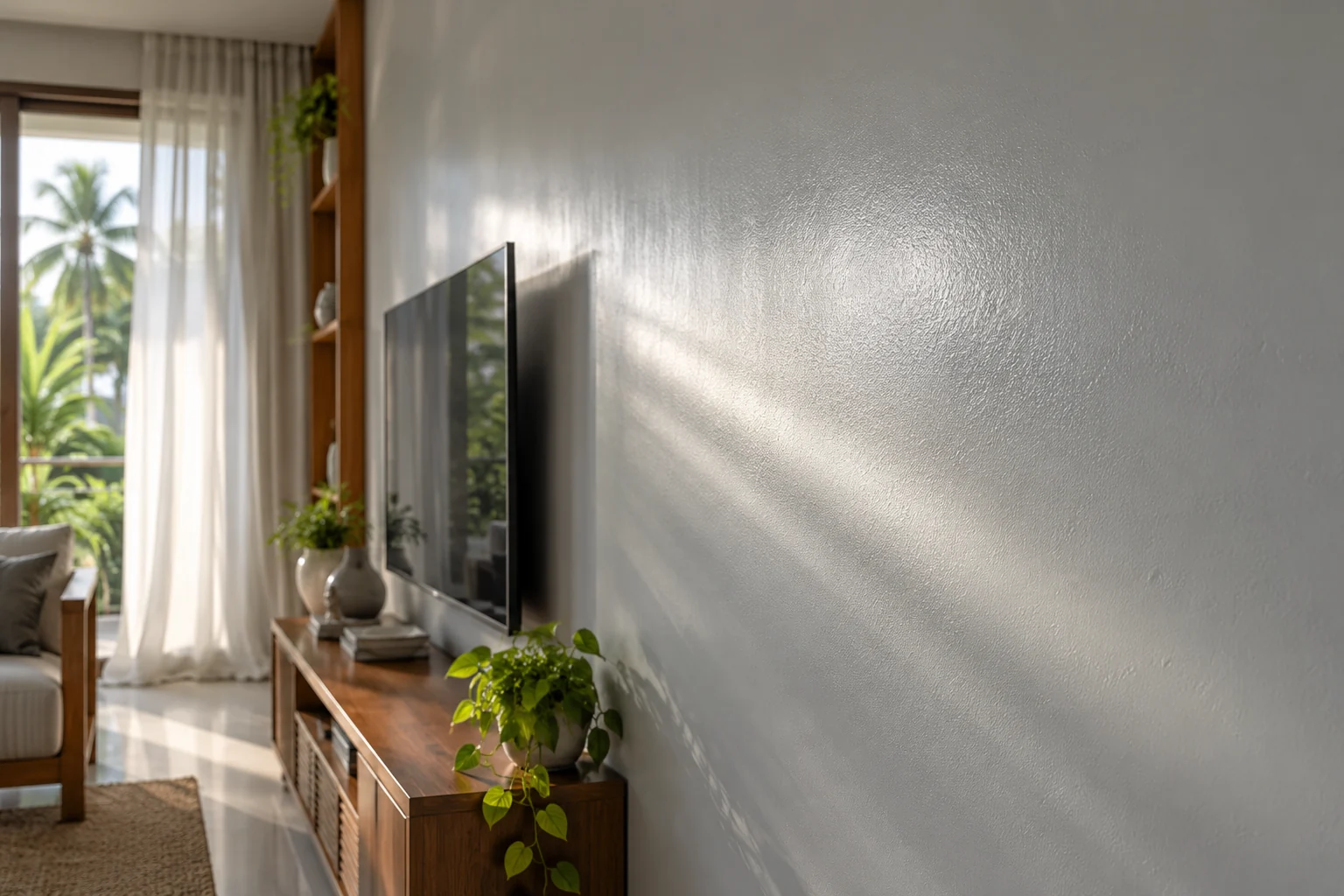 Soft sheen &mdash; low sun raking across a Dew-finished interior wall