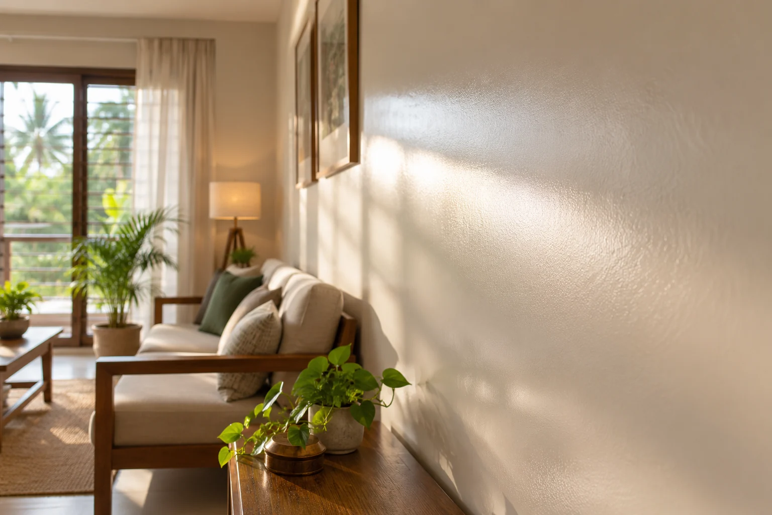 Durable and glossy &mdash; the finished wall holding its sheen behind furniture