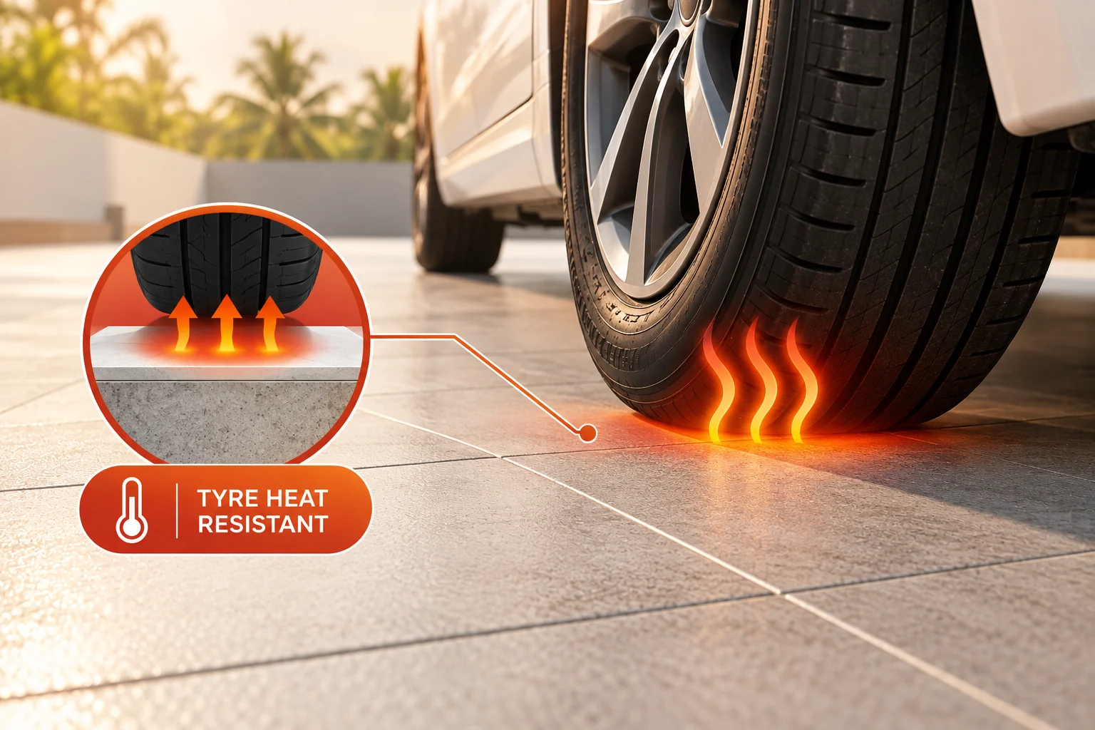 Hot tyre resistant — a car tyre standing on a coated floor tile, heat rising, the coating unmarked