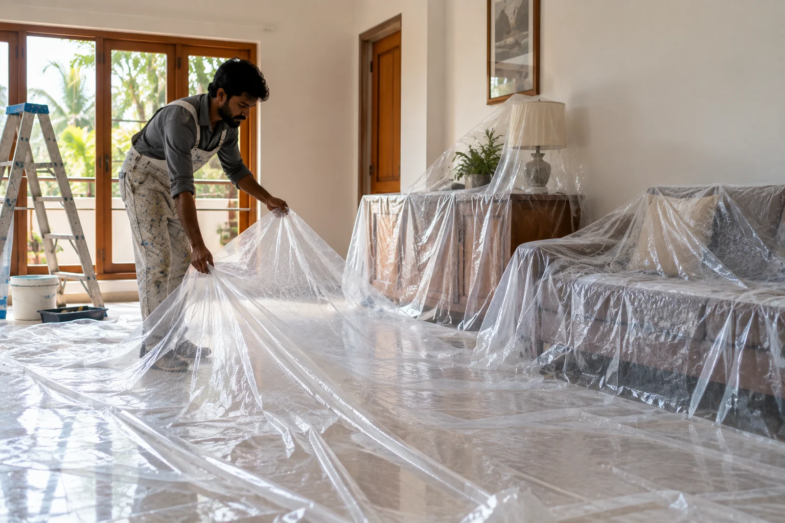 One sheet, 500 sq ft &mdash; a painter spreading Ezy Cover across the floor and over the furniture of a room