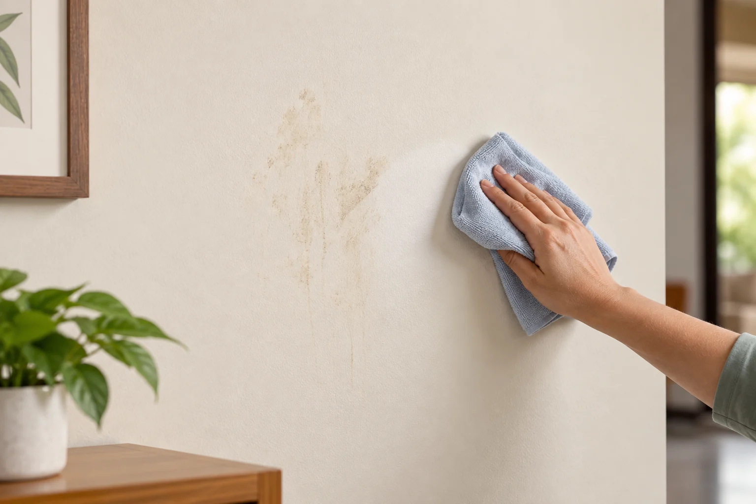 Good wash resistance — a mark being wiped off the wall with a damp cloth