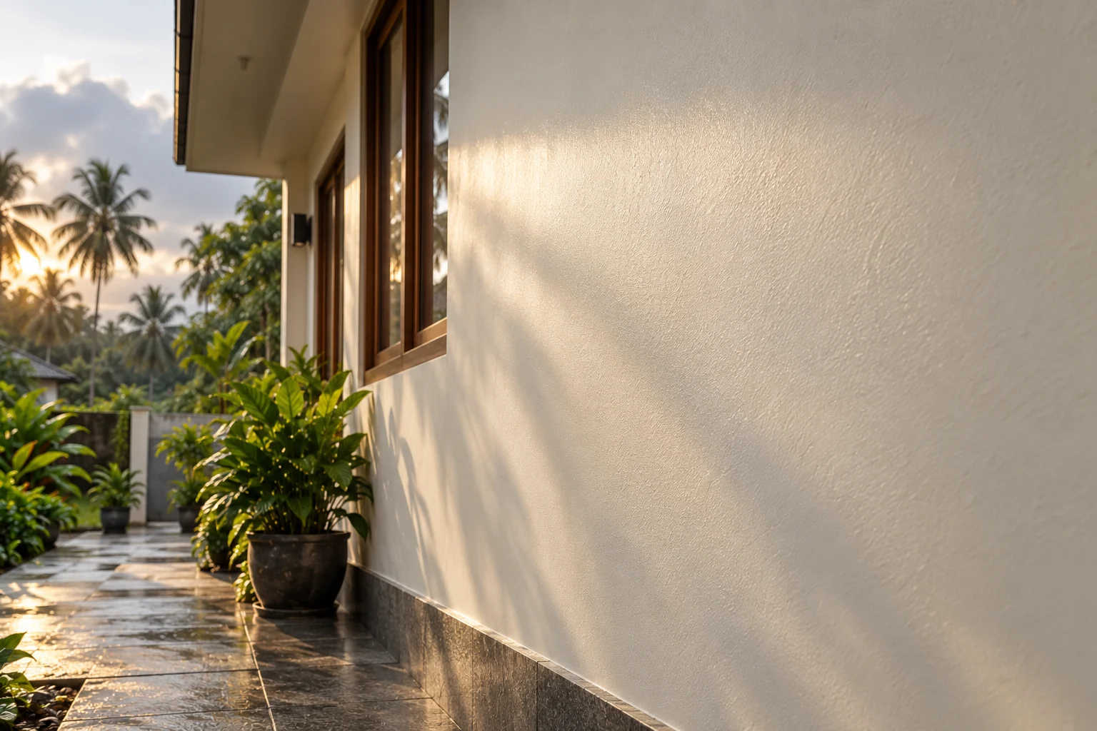 Long-lasting sheen — low evening sun raking across the wall, showing an even semi-sheen years on