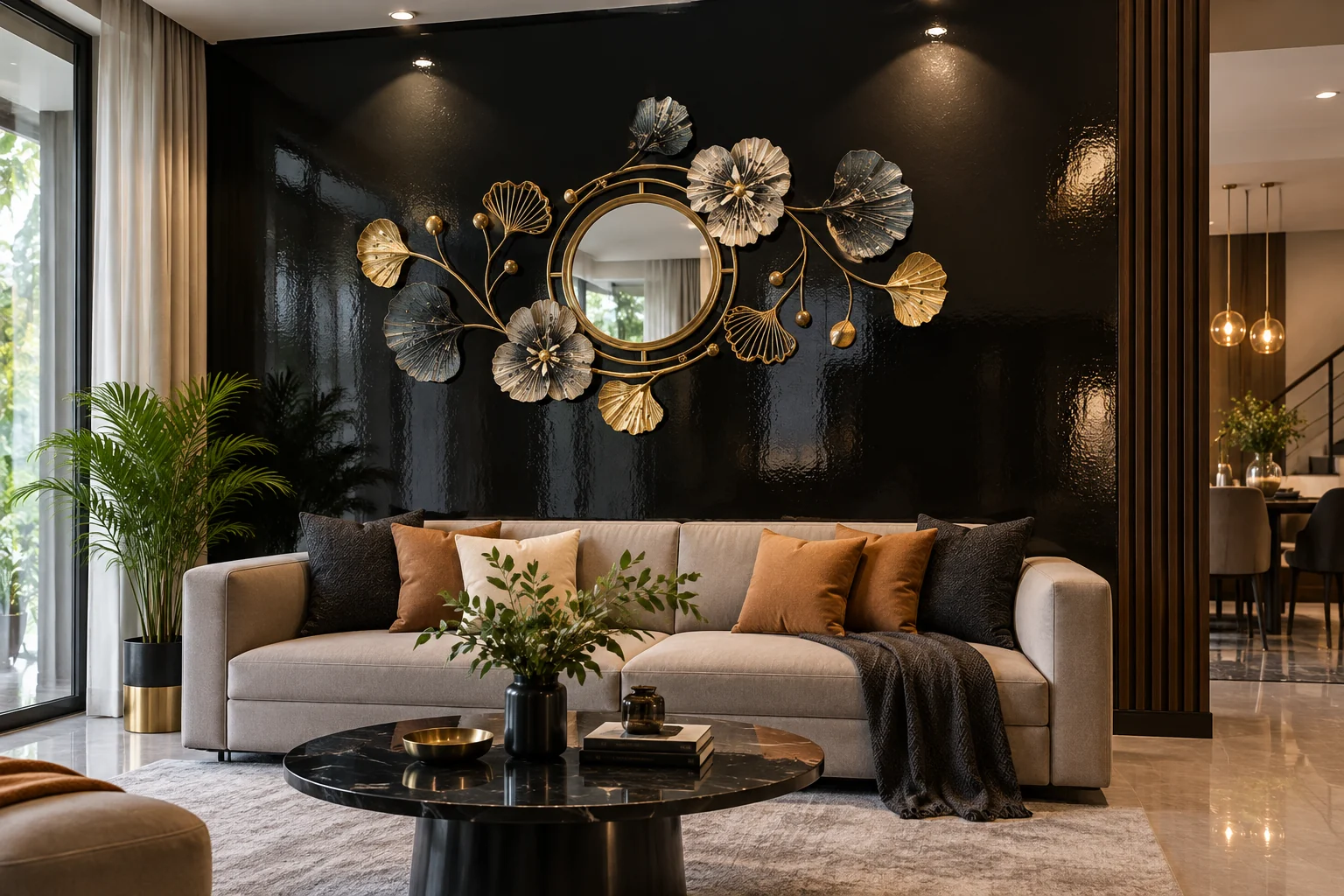High gloss &mdash; a black feature wall reflecting the room