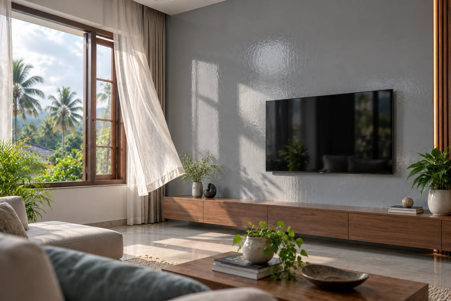 Eco-friendly &mdash; grey gloss on an exterior wall beside open windows