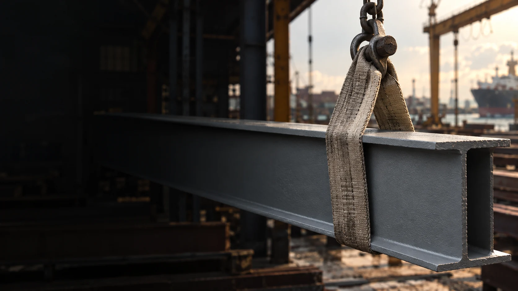 Primed beam on a sling at a shipyard