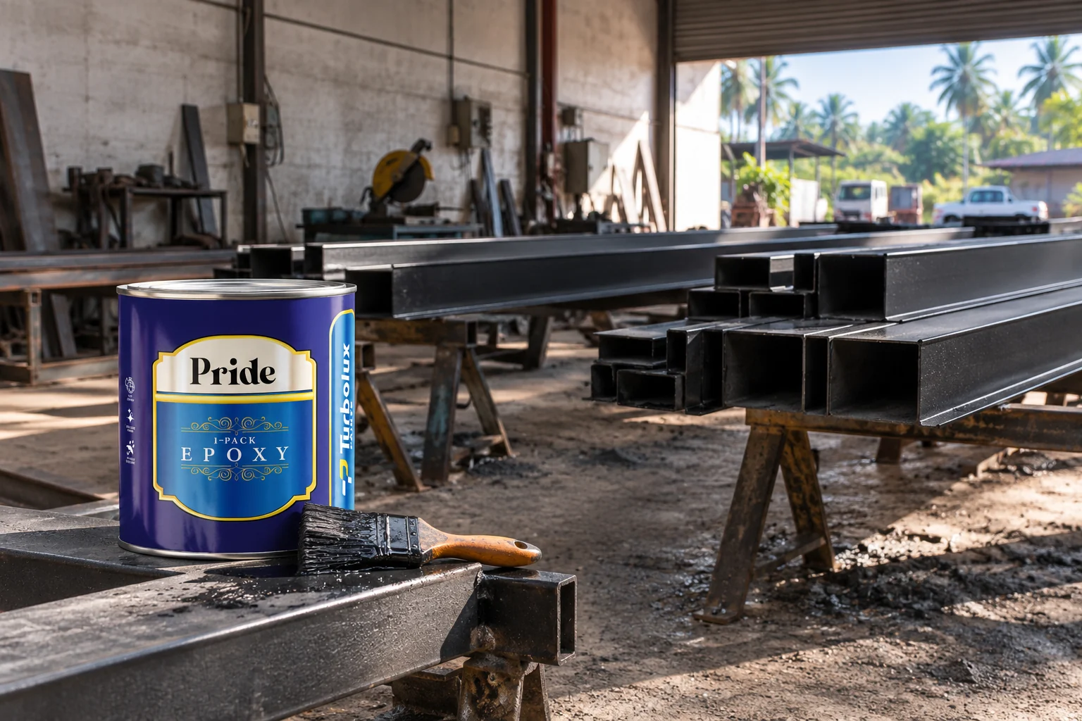 Pride on the fabrication floor — freshly primed structural steel stacked before assembly