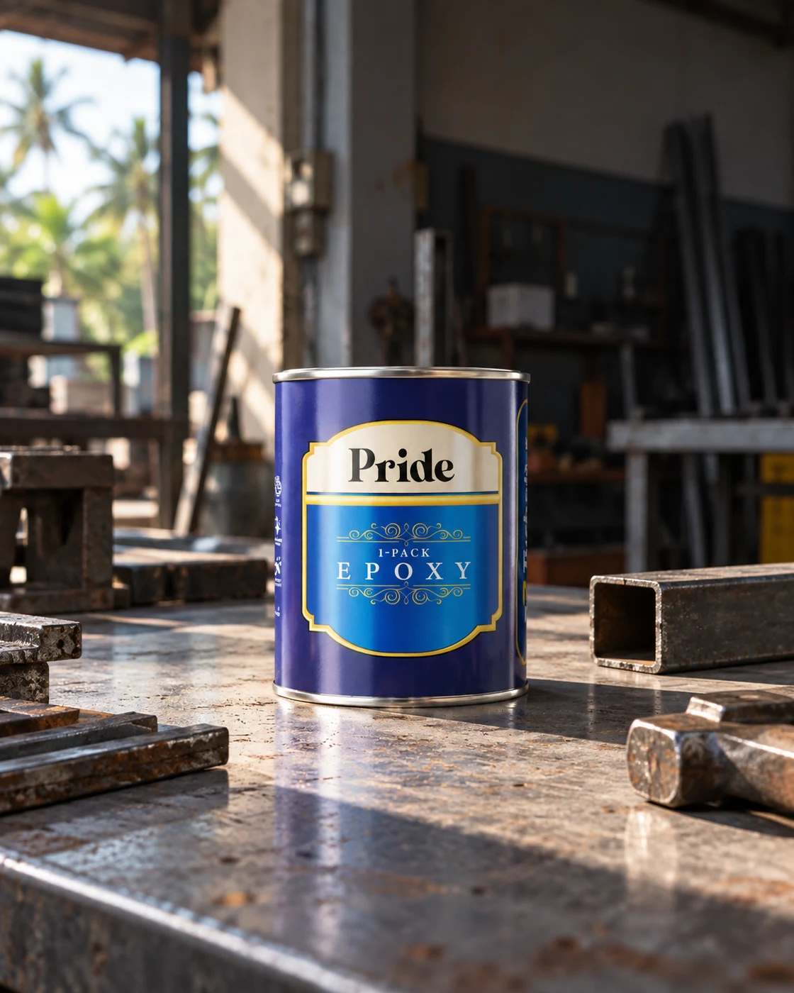 The Pride 1-Pack Epoxy tin on a steel workbench in a fabrication shop