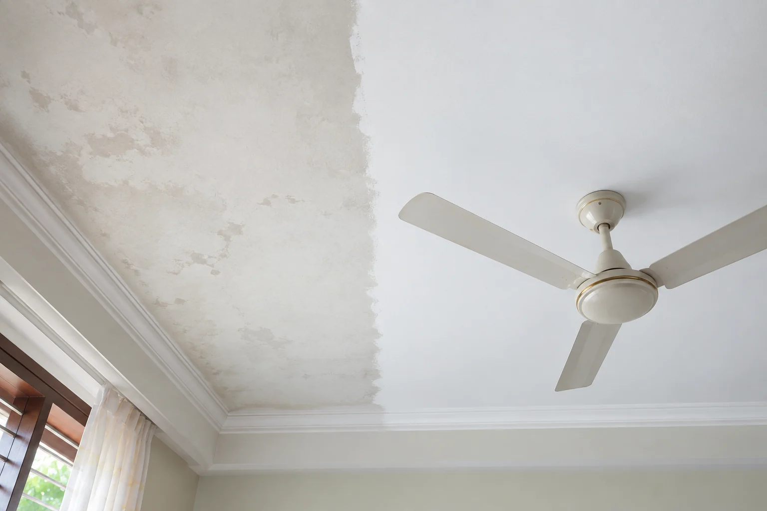 Extra whiteness &mdash; half a stained ceiling recoated, the treated side pure white