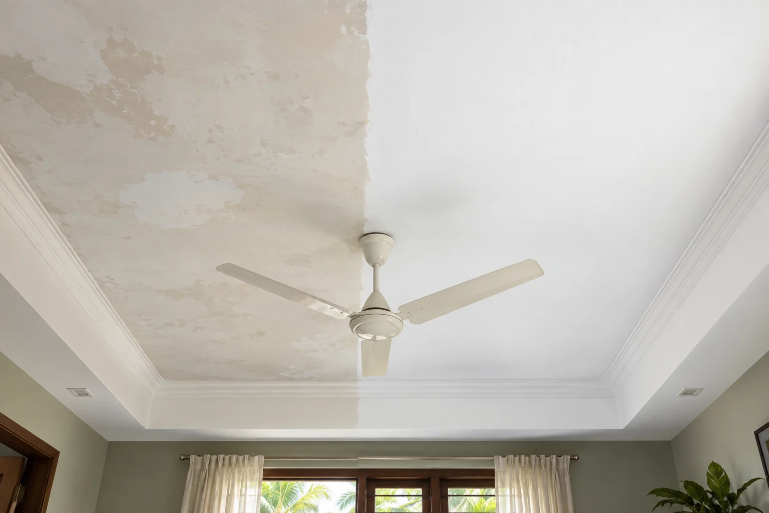 Affordable — a full ceiling covered cleanly over old staining